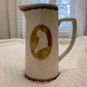 Vintage White Rustic Rooster Stoneware Pitcher, Farmhouse Kitchen Decor